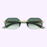 Front view of Cartier CT0439S-004 54 Woman Sunglasses by Cartier Sunglasses, showcasing a rimless design with geometric green tinted lenses, a gold metal bridge, and gold-accented temples, set against a light lavender background.