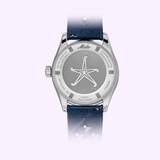 The back of the Mido Watches SPECIAL EDITION OCEAN STAR DECOMPRESSION WORLDTIMER M026.829.17.041.00 Men features a starfish engraving, inscriptions, and comes with a blue strap plus 1 extra strap.