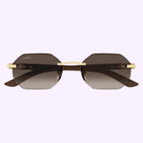 Front view of Cartier Sunglasses CT0439S-006 54 Men with octagonal brown gradient lenses, gold accents, and dark brown arms by Cartier Sunglasses, shown against a light purple background.
