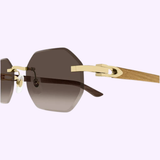 Close-up of Cartier Sunglasses CT0439S-006 54 Men—luxury eyewear with octagonal brown lenses, gold metal bridge and hinges, and wooden temples—set against a light purple background.