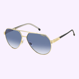 Carrera Sunglasses CARRERA 1067/S (UPC 716736983004) feature gold aviator frames and blue gradient lenses with Carrera branding on lens and arm. LEXOR MIAMI is at the top; below: "Carrera Eyewear Since 1956.