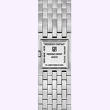 A close-up of the back of the Frederique Constant Classics Manchette FC-200WR1MC6B women's watch shows its stainless steel link bracelet and engraved details, including brand name, model number, and Swiss Made inscriptions.