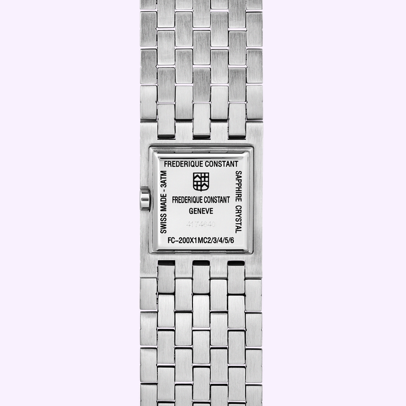 Back view of the Frederique Constant Classics Manchette FC-200WR1MC6B showing the Swiss Made engraving and clasp
