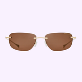 Dita Sunglasses LSA-120 DLS120-A-01 feature a brown rectangular rimless design with gold temples and bridge, clear nose pads, and a subtle gold logo on the right lens. These titanium sunglasses by Dita Sunglasses offer luxury style and comfort.
