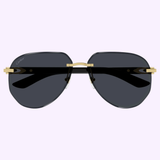 Front view of Cartier Sunglasses CT0440S-002 for men, featuring genuine horn detailing, sleek black aviator frames with gold accents, and dark lenses on a light background—showcasing luxury men's eyewear by Cartier.