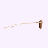 Side view of Dita Sunglasses LSA-120 DLS120-A-01 by Dita Sunglasses, showcasing thin gold titanium arms and brown-tinted lenses, displayed against a white background.