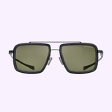Front view of Dita Sunglasses DLS422-A-03 LSA-422 with dark green lenses, black frames, and a slim titanium double bridge on a light purple background. “Dita Sunglasses” is printed in small gold text on the top right lens. Provides UV protection.