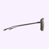 Side view of a modern olive green wireless Bluetooth earpiece with black ear hook and elongated mic arm, inspired by the titanium frame of Dita Sunglasses DLS422-A-03 LSA-422, set against a light purple background.