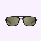 Rectangular black Dita Sunglasses DLS404-56-02-A LSA-404 with green polarized lenses and a double bridge. "DTA-LANCER" appears in small gold text on the top right lens against a high contrast light lavender background.