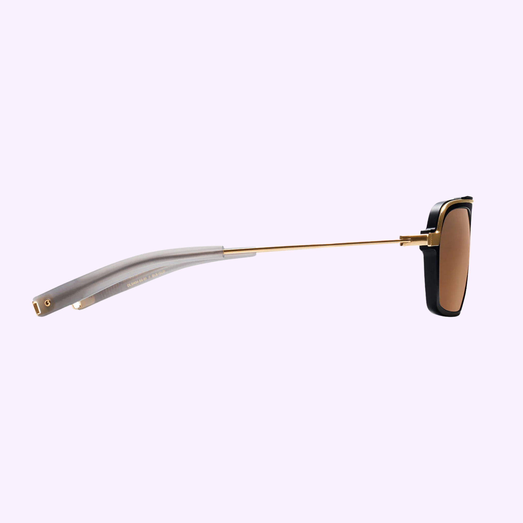 Side view of Dita Sunglasses DLS404-56-01-A LSA-404 featuring a thin gold metal arm, translucent gray temple tip, and rectangular brown polarized lenses in a black and gold frame, displayed on a light purple background.