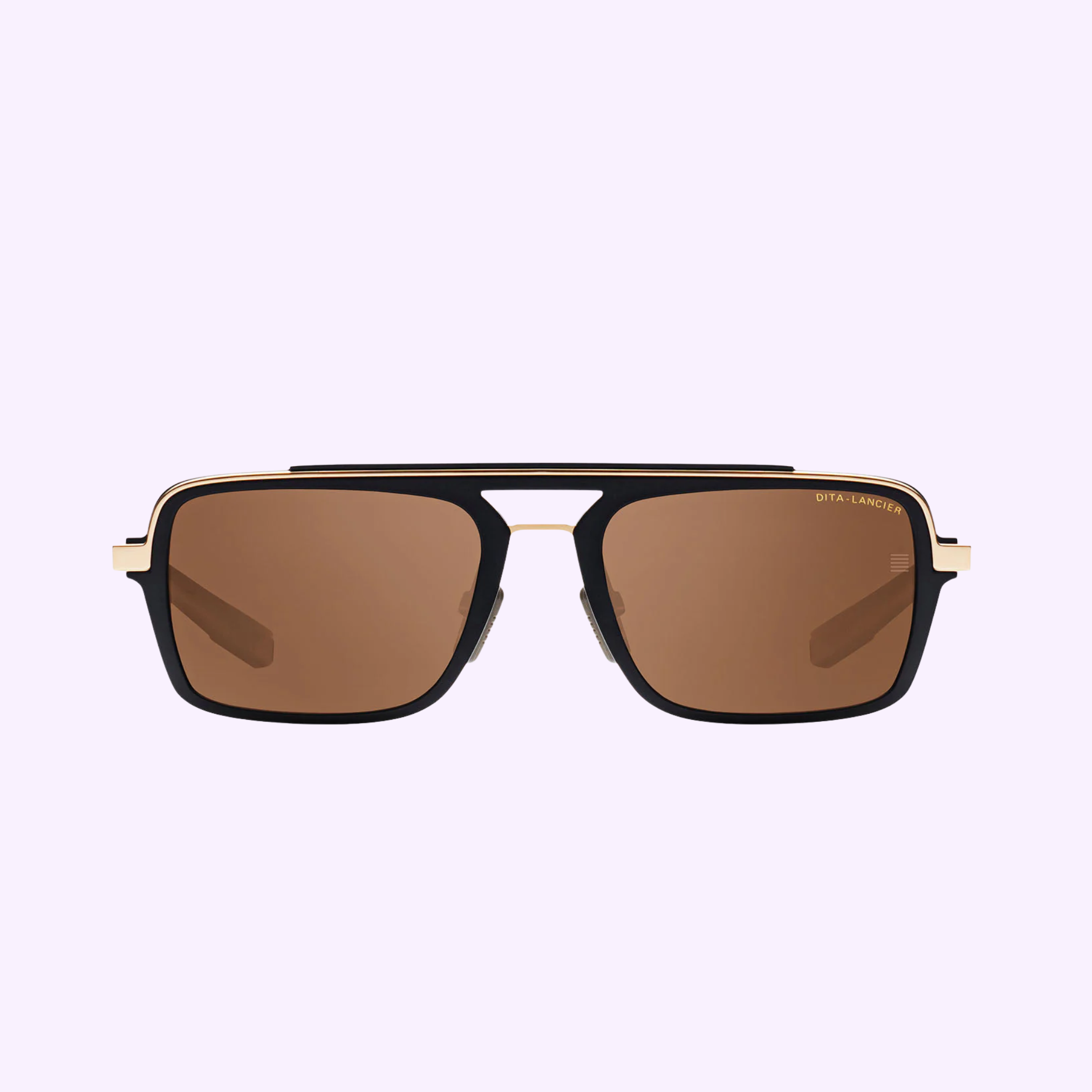Dita Sunglasses DLS404-56-01-A LSA-404 by Dita Sunglasses, featuring rectangular black frames with gold accents and brown high contrast lenses, set against a light purple background.