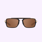 Dita Sunglasses DLS404-56-01-A LSA-404 by Dita Sunglasses, featuring rectangular black frames with gold accents and brown high contrast lenses, set against a light purple background.