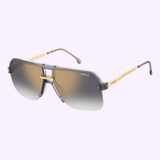 Carrera Sunglasses CARRERA 1066/S (UPC 716736983059) with gold arms, gray bridge, and Carrera logo on lens. Displayed on white with Lexor Miami branding above and Carrera Eyewear Since 1956 logo below.