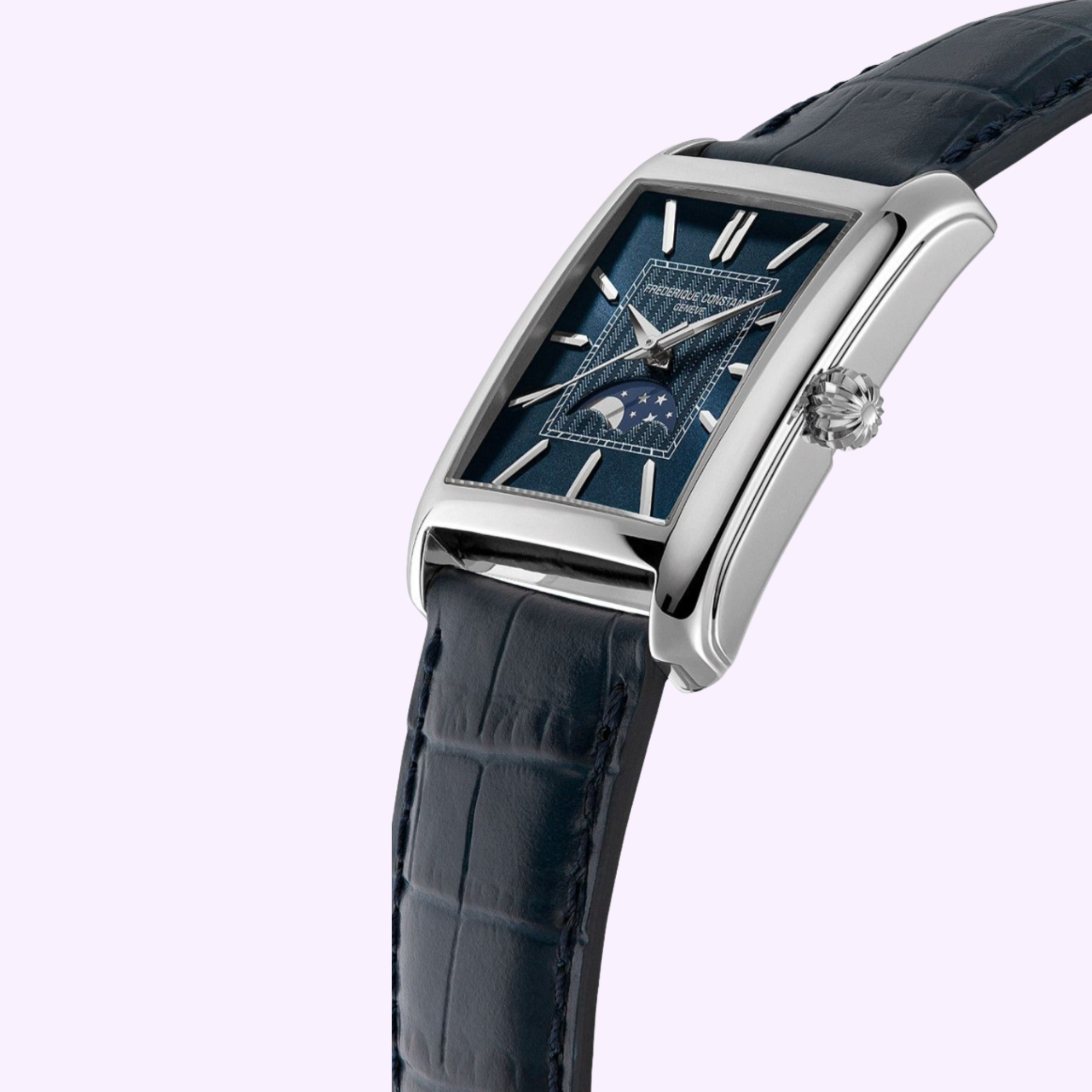 The Frederique Constant Classic Carre Automatic FC-303N4C26 features a rectangular case, blue textured dial, silver hour markers, moon phase display, and dark blue leather strap—a timeless minimalist watch for refined tastes.