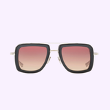 The Dita Sunglasses DUBSIGNAL DTS465-A-03 Unisex (UPC 0810121956724) feature a square black frame and pink gradient lenses, styled against a light purple background. These Dita Sunglasses make a chic, versatile statement.