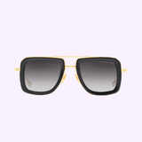 Dita Sunglasses DUBSIGNAL DTS465-A-01 Unisex (UPC 0810121956700) feature square black frames with gold accents and dark gradient lenses, displayed on a light purple background.