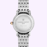 The back of the Frederique Constant Classics Slimline Ladies Moonphase FC-206MPWD1S2B watch displays engraved brand and specs in a circular pattern, elegantly complementing its diamond mother-of-pearl dial and stainless steel bracelet.