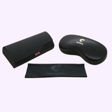 A black Carrera Sunglasses case, hard shell case with gold logo, and cleaning cloth are displayed—essential accessories for your Carrera Sunglasses CARRERA 1067/S (UPC 716736983004) from Carrera Sunglasses.