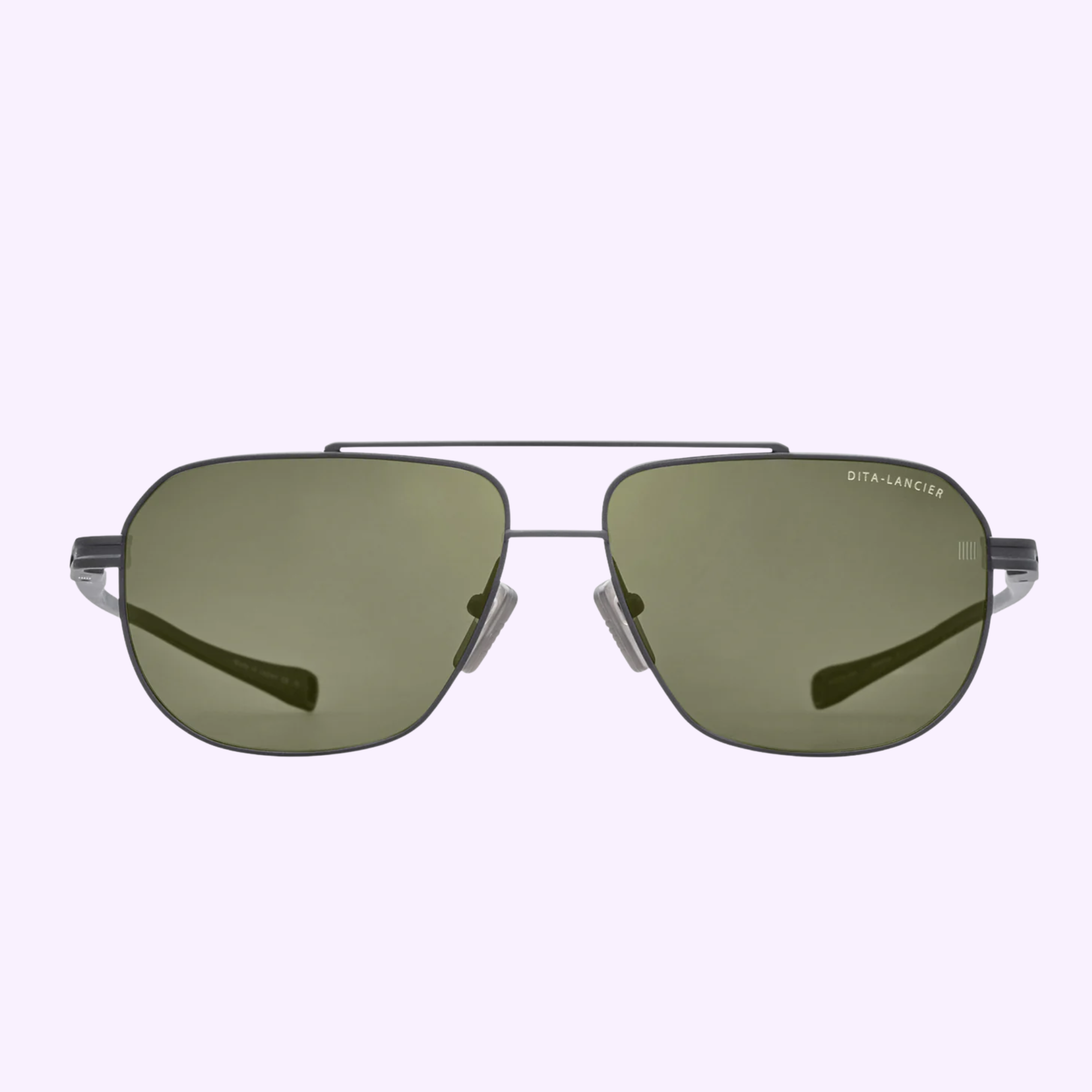 Front view of Dita Sunglasses DLS424-A-03 LSA-424 with dark green polarized lenses, thin metal frame, double bridge, and “DITA-LANCIER” branding on the upper right lens, set against a high contrast light background.