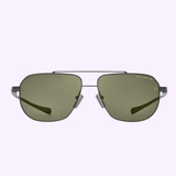 Front view of Dita Sunglasses DLS424-A-03 LSA-424 with dark green polarized lenses, thin metal frame, double bridge, and “DITA-LANCIER” branding on the upper right lens, set against a high contrast light background.