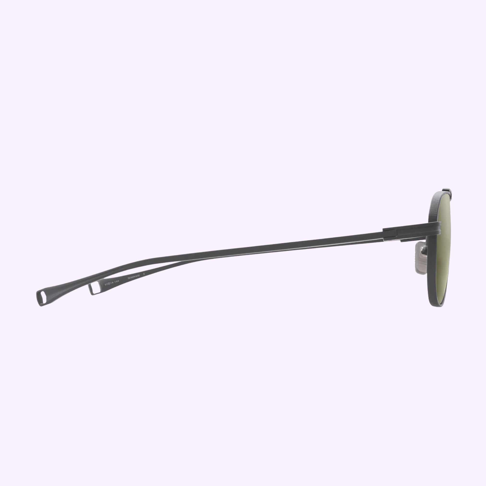 Side view of Dita Sunglasses DLS424-A-03 LSA-424 by Dita Sunglasses, featuring thin dark frames and green polarized lenses for high contrast, set against a light purple background.