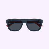 Gucci Sunglasses GG2119S-004 56 feature a dark gray rectangular frame, black lenses, and subtle red and green accents on the arms, adding a luxurious fashion touch against a light pastel background.