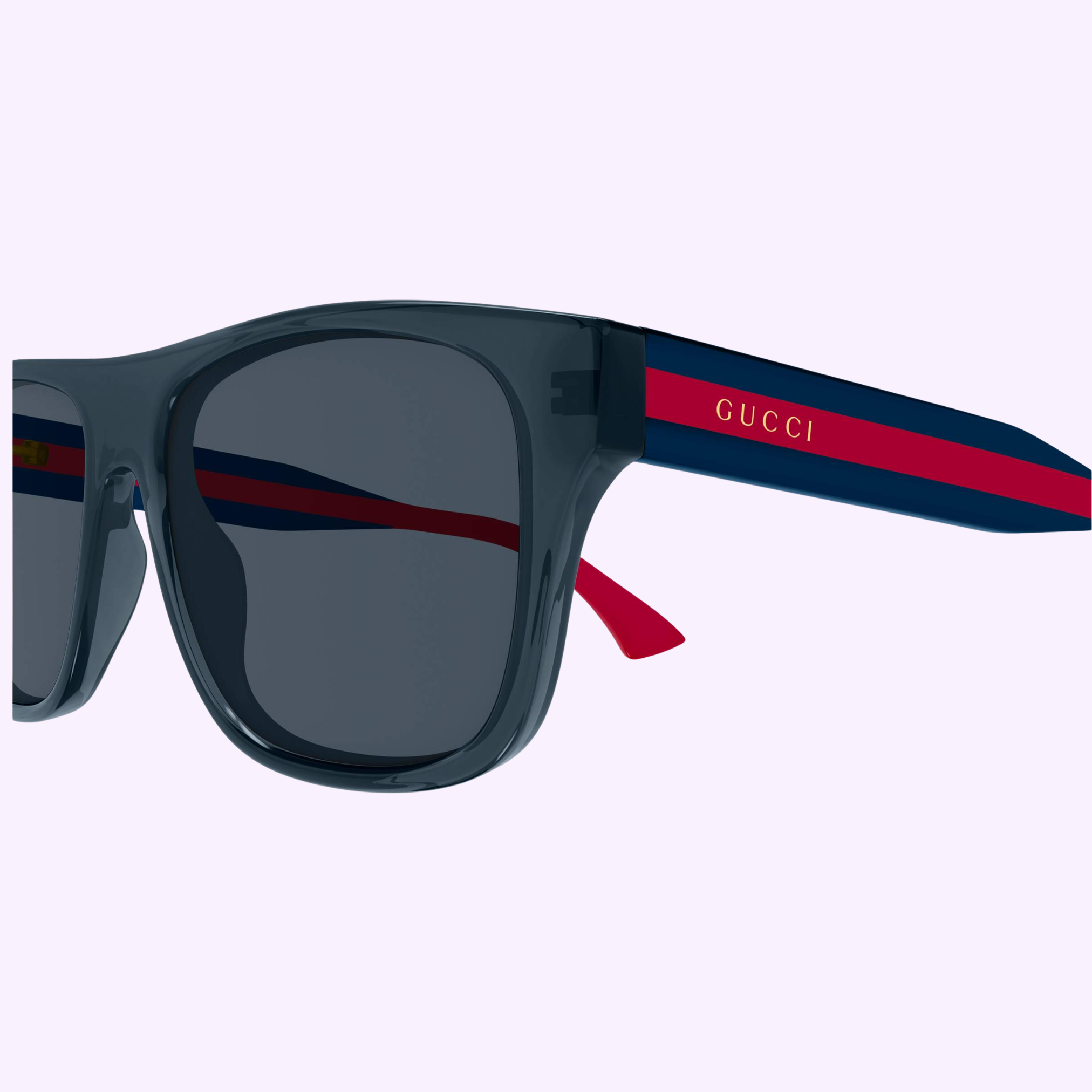 Close-up of elegant Gucci Sunglasses GG2119S-004 56 with dark lenses, iconic blue and red striped temples, and gold Gucci logo—a standout luxury accessory from Gucci Sunglasses, set against a light background.