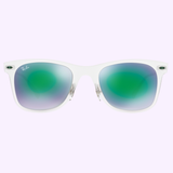 Front view of Ray-Ban RB4210 646/3R 50 Unisex Sunglasses by Ray-Ban Sunglasses, showcasing a white-framed Wayfarer design with reflective green and purple-tinted lenses, set against a light lavender background.