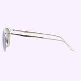 Side view of Ray-Ban RB4210 646/3R 50 Unisex Sunglasses with thin metal arms, clear nose pads, and a white Wayfarer Light Ray frame. The Ray-Ban Sunglasses logo appears on the arms and temple tip against a light purple background.