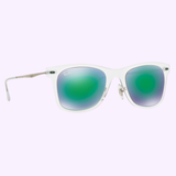 Ray-Ban RB4210 646/3R 50 Unisex Sunglasses, with clear frames, green reflective lenses, and slim silver arms, are shown on a plain light purple background.