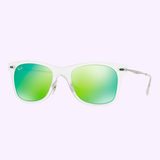 Ray-Ban Sunglasses RB4210 646/3R 50 unisex sunglasses with clear frames and green mirrored lenses are shown on a white background. "Lexor Miami" is at the top, Ray-Ban logo at the bottom. Features sleek Wayfarer Light Ray style.
