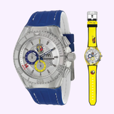 Two colorful Thechnomarine unisex watches, including the 114023 Cruise Tribute Columbia Edition by Britto with a yellow strap and cartoon designs, are shown side by side on a light background.