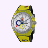 ThechnoMarine 114023 Cruise Tribute Columbia Edition By Britto Unisex Watch by Thechnomarine Watches features a yellow strap with black accents, silver round bezel, white dial with three subdials, and colorful details near the lugs.