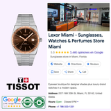 A Tissot Watches PRX Powermatic 80 Steel & 18K Gold Bezel 40mm (T9314074129100) appears next to a Google listing for Lexor Miami, a store offering sunglasses, watches, and perfumes. Store details, reviews, and contact info are shown.