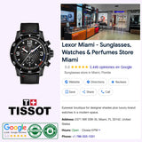 Image features the TISSOT Watches Supersport NBA Special Edition T1256173706700, Tissot logo, and a Google listing for Lexor Miami - Sunglasses, Watches & Perfumes Store with contact info, hours, ratings, and store interior highlighting Swiss watchmaking.