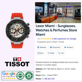 A Tissot Watches T-Race MotoGP 2026 45mm T1414622705100 Limited Edition watch with a red strap is displayed next to a Google listing for Lexor Miami, a sunglasses and watch boutique in Miami, Florida, featuring a 5-star rating and an interior store image.