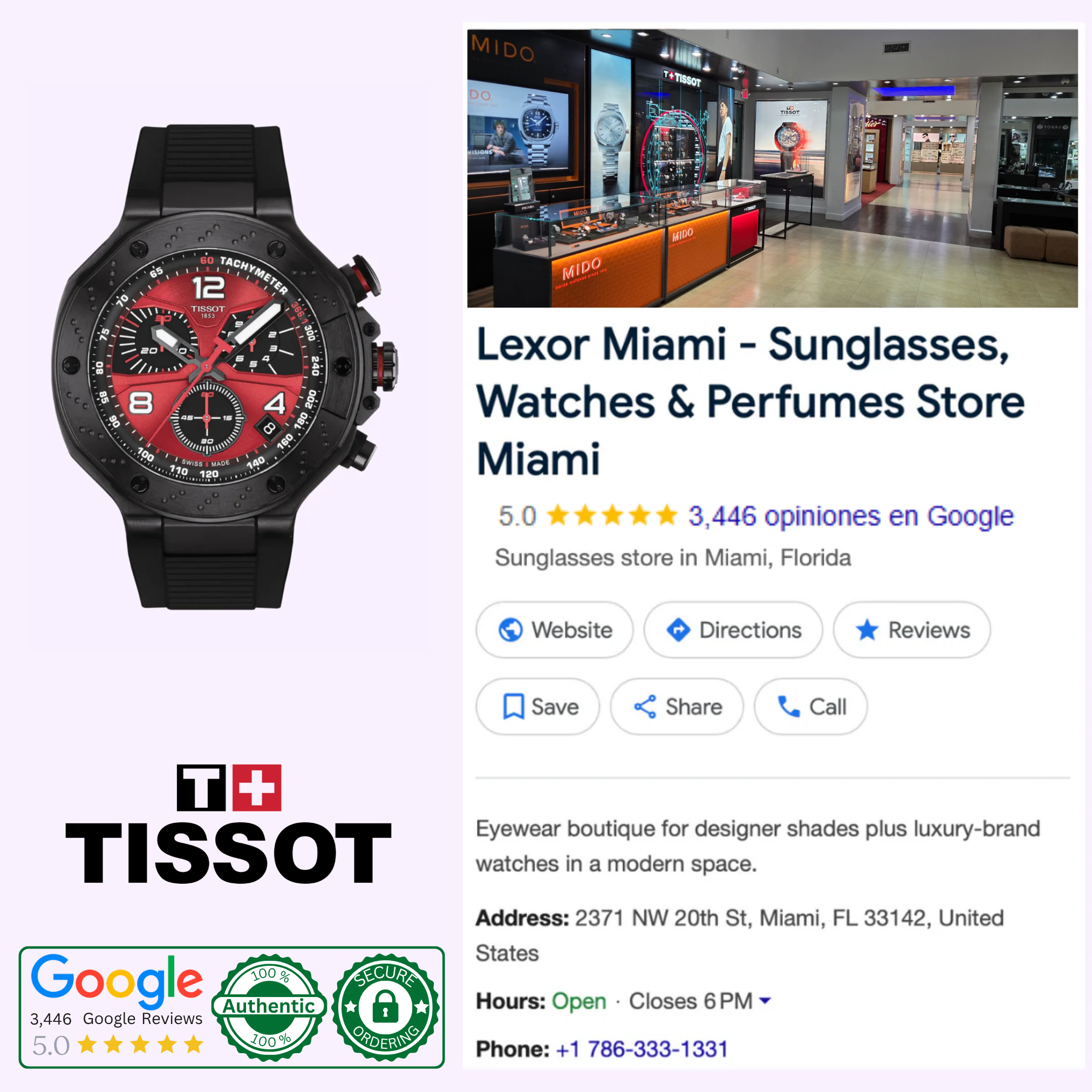 A Tissot Watches T-Race MotoGP 2026 45mm T1414173742200 Limited Edition is shown beside a Google listing for Lexor Miami, a 5-star rated store selling sunglasses, watches, and perfumes, with store details visible.