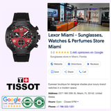 A Tissot Watches T-Race MotoGP 2026 45mm T1414173742200 Limited Edition is shown beside a Google listing for Lexor Miami, a 5-star rated store selling sunglasses, watches, and perfumes, with store details visible.