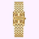The Tory Burch Watches THE ELEANOR TBW1060 (UPC 796483600492) by Tory Burch Watches is a women’s gold-tone designer watch featuring a decorative rectangular face with an embossed design and a luxurious gold link bracelet, presented on a plain light background. This elegant timepiece is perfect for those seeking a timeless and sophisticated accessory.