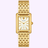 The Tory Burch Watches THE ELEANOR TBW1060 for women features a gold rectangular case, white dial with gold hour markers, and a linked gold bracelet band. Shown against a light background, this sophisticated designer timepiece by Tory Burch Watches effortlessly elevates any look.