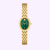 The Tory Burch Watches THE OVAL Women TBW6038 features a gold-tone stainless steel case and matching linked bracelet, highlighted by a captivating green malachite dial. Set against a light purple background, this Tory Burch timepiece showcases an elegant oval face and sophisticated design, making it a refined choice for women.