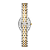 A close-up of the Tory Burch Watches THE OVAL TBW6037, a women’s luxury watch by Tory Burch Watches, featuring a two-tone stainless steel band in silver and gold tones, shown from the back with the distinctive oval case partially visible.