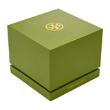 A green square Tory Burch Watches box featuring a gold logo on the lid and “Tory Burch” printed in gold on the side, perfect for presenting the women’s luxury Tory Burch Watches THE OVAL TBW6037, displayed against a white background.