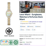 Here’s a revised version of your sentence incorporating the product data: Display showing Lexor Miami store information, the Tory Burch Watches THE OVAL TBW6037 by Tory Burch Watches, brand logo, and review badges. The image features the store interior, customer ratings, hours of operation, address, phone number, and highlights sunglasses, two-tone stainless steel women’s luxury watches—including the Tory Burch Watches THE OVAL TBW6037—and perfumes.