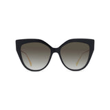 Fendi FE40011U 01F 57 Women Sunglasses by Fendi feature black cat-eye frames with a bold mask shape, dark gradient lenses, angular design, slightly rounded corners, and gold-colored inner arms—luxurious style shown on a white background.