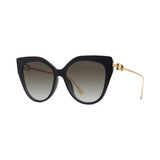 The Fendi FE40011U 01F 57 Women Sunglasses feature bold black cat-eye frames, gradient dark lenses, and slim gold arms with a decorative accent—perfect for luxury eyewear lovers seeking iconic Fendi style.