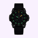 Introducing the Luminox Watches Navy SEAL Rubber, Steel, CARBONOX™ (RSC) 45 mm (SKU: XS.3253.CB) by Luminox Watches—a black wristwatch crafted with a rugged design. Featuring luminous green hour markers and a distinctive yellow marker at 12 o’clock, this Swiss Made dive watch draws inspiration from the iconic Luminox Navy SEAL collection. Its durable CARBONOX™ bezel enhances resilience, while the watch face displays the date and is paired with a textured black wristband for added comfort and style.