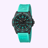 The Luminox Watches Pacific Diver Limited Edition 44 mm XS.3124.N.SET by Luminox Watches is a black wristwatch featuring striking teal accents, teal hour markers, and a matching teal silicone strap. This limited edition dive watch displays the date on the dial and is rated for 200 METERS water resistance. Its bezel boasts precise minute markings—a signature of Luminox Pacific Diver craftsmanship.