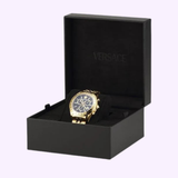 Versace Chrono Master black guilloché dial with Medusa head detail close-up
