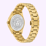 Gold-tone Versace Watches VE6A00623 V-Code men’s watch with a metal band, shown from the back. The caseback displays the iconic Versace Medusa logo and engraved text detailing materials and water resistance, emphasizing this Swiss-made luxury timepiece’s exquisite craftsmanship.